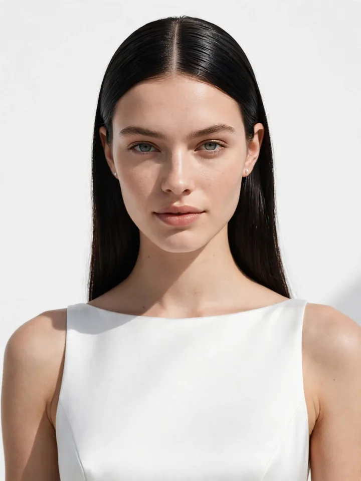 Pin-straight hair with a centre part, a minimalist simple wedding hairstyle