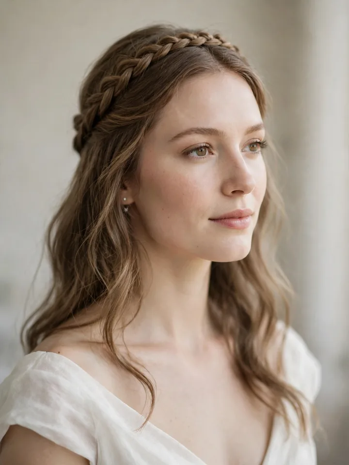 Braided crown halo, a romantic simple hairstyle for a wedding with loose waves