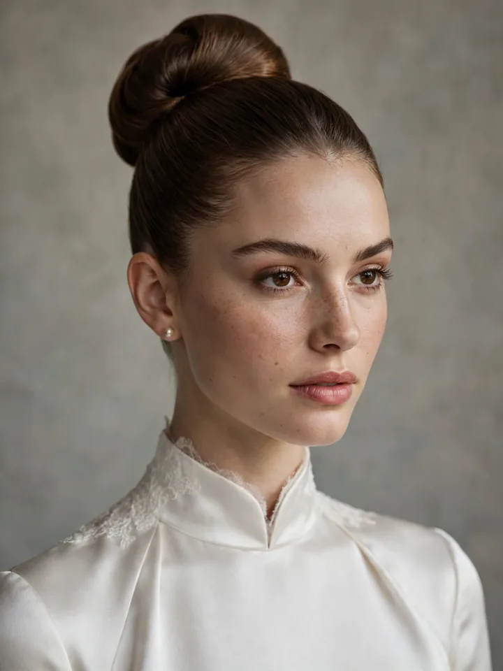 High ballerina bun, a polished simple wedding hairstyle for brides