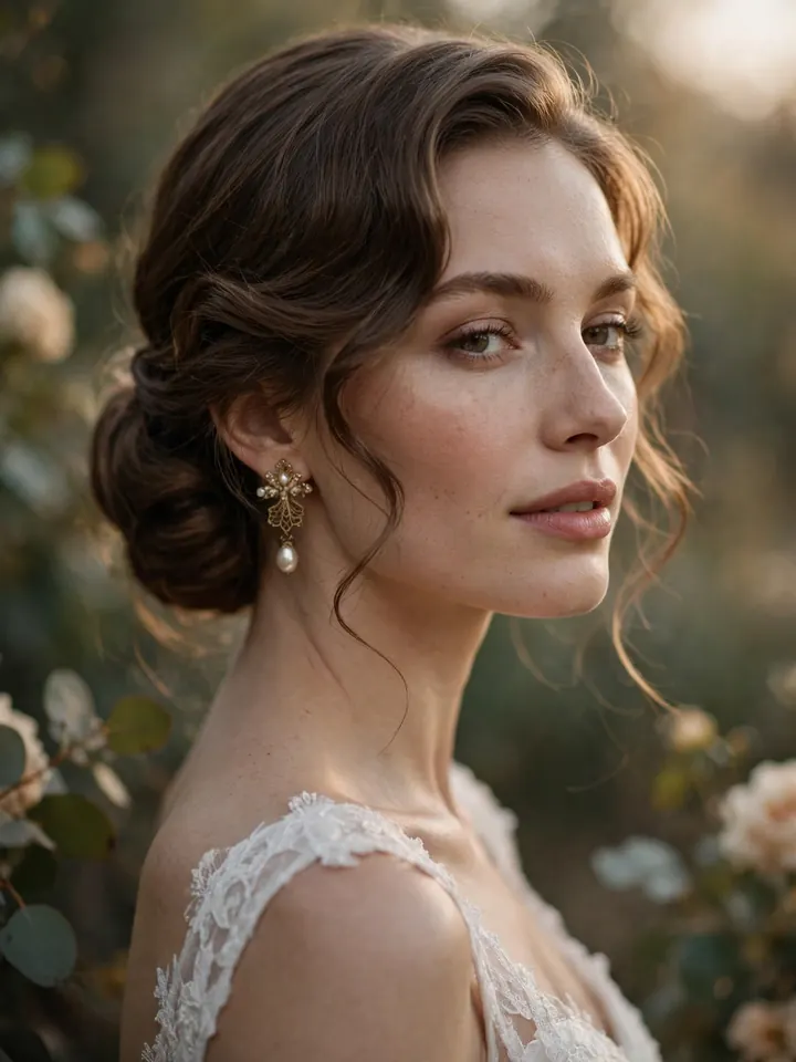 Side-swept low chignon, an elegant simple hairstyle for a wedding