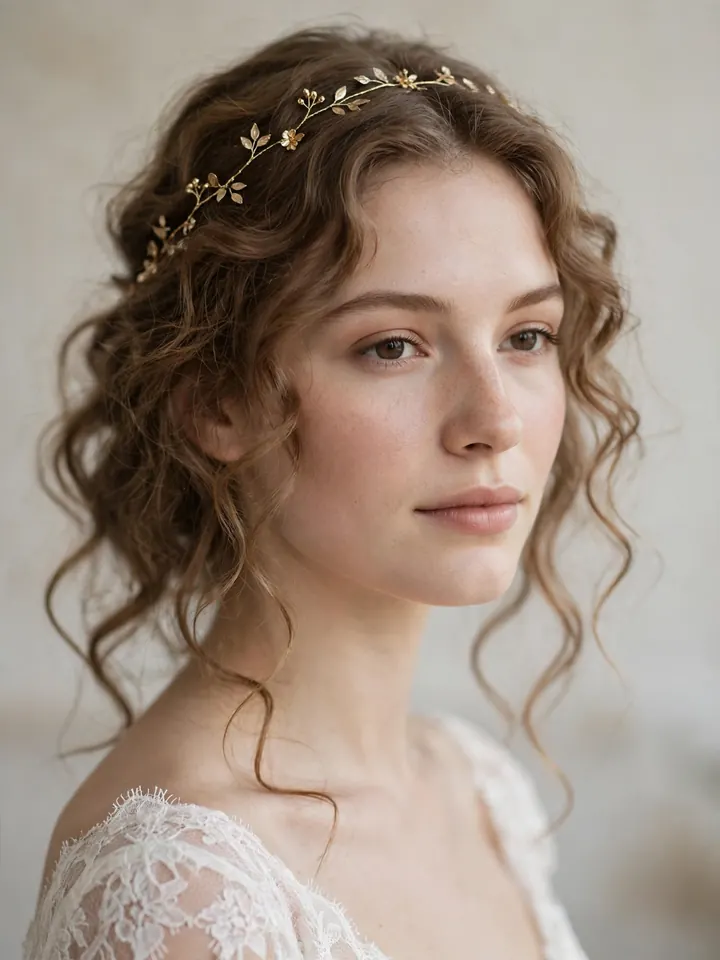Loose bridal curls with a gold hair vine, a simple wedding hairstyle with accessories