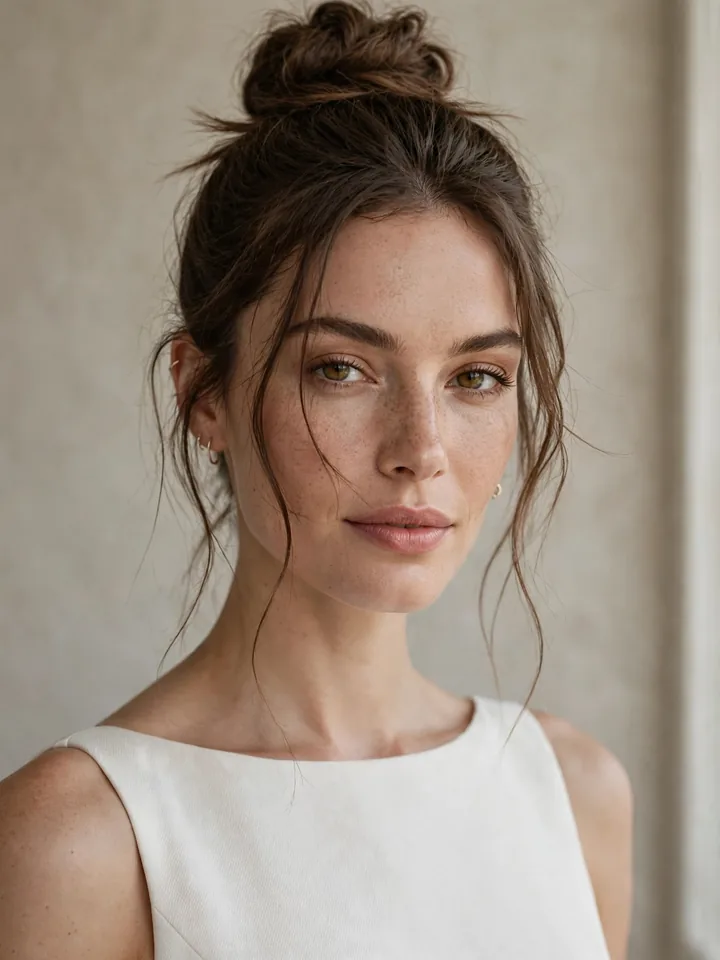 Textured topknot, a modern simple hairstyle for a wedding day