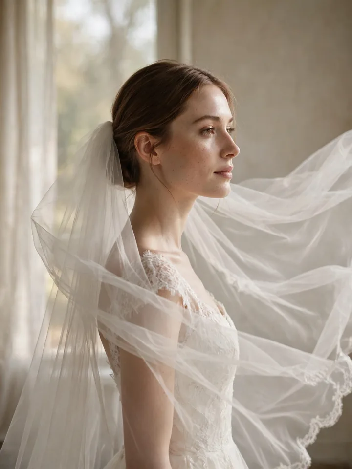 Simple low bun hairstyle for a wedding worn with a cathedral veil