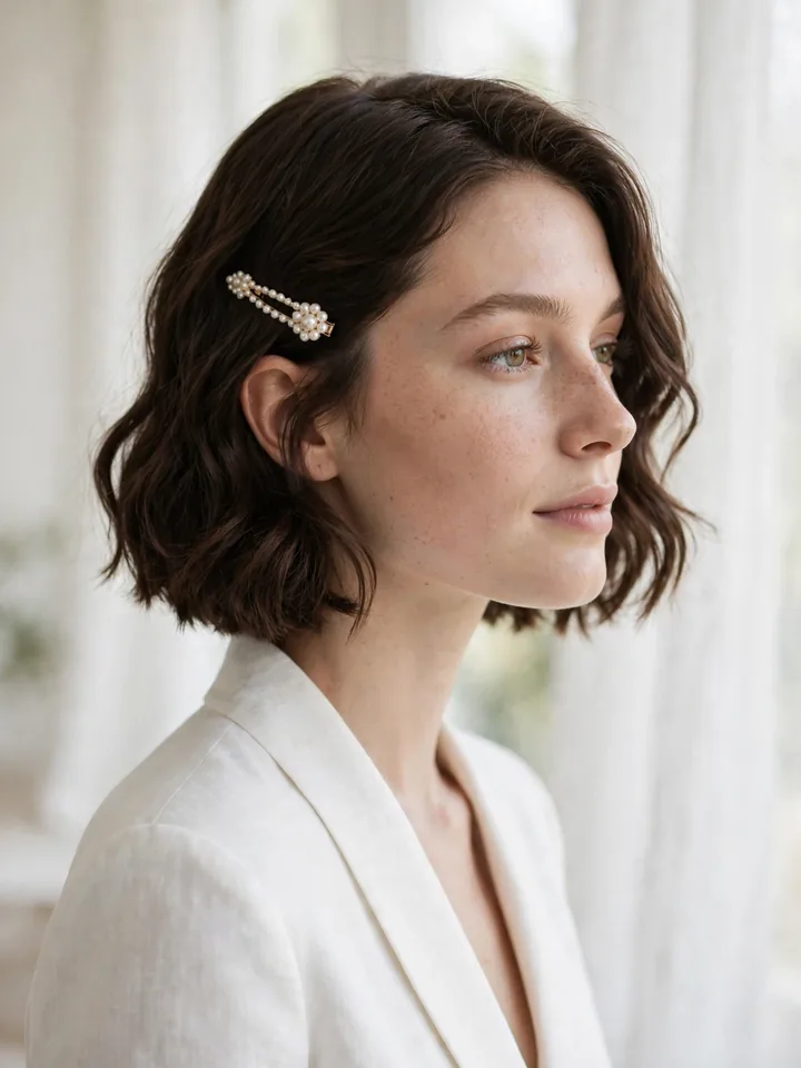 Soft waved bob with a pearl clip, a simple wedding hairstyle for short hair