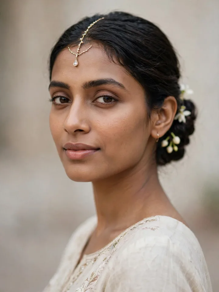 Simple low bun with jasmine flowers and maang tikka, a wedding hairstyle for a lehenga