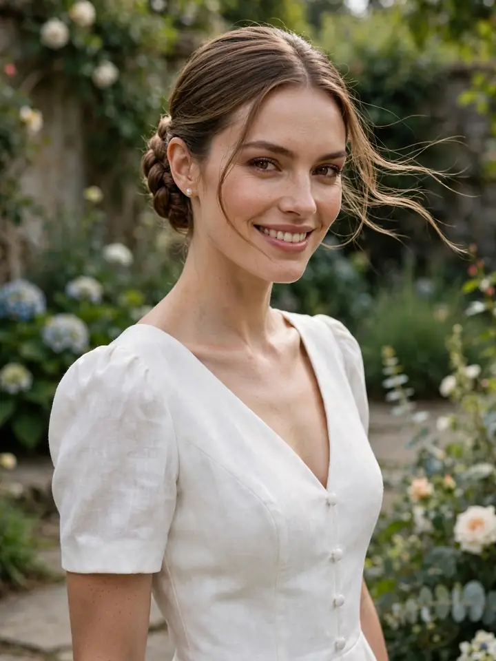 Secure braided low bun that holds in wind, a weather-proof simple wedding hairstyle