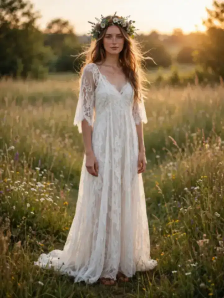 Bride in a simple lace wedding dress with boho flowing silhouette at golden hour