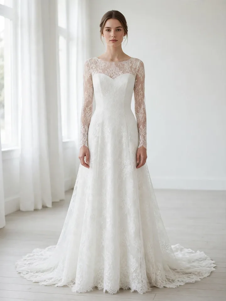 Classic white simple lace wedding dress with clean timeless silhouette on a bride