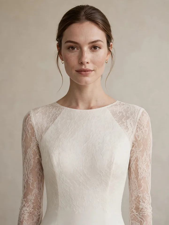 Minimalist sheath simple lace wedding dress with clean unadorned lines on neutral backdrop