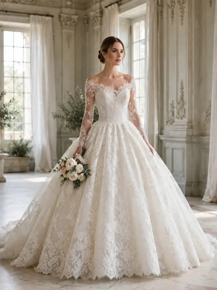 Elegant Chantilly lace simple lace wedding dress with full skirt in grand interior