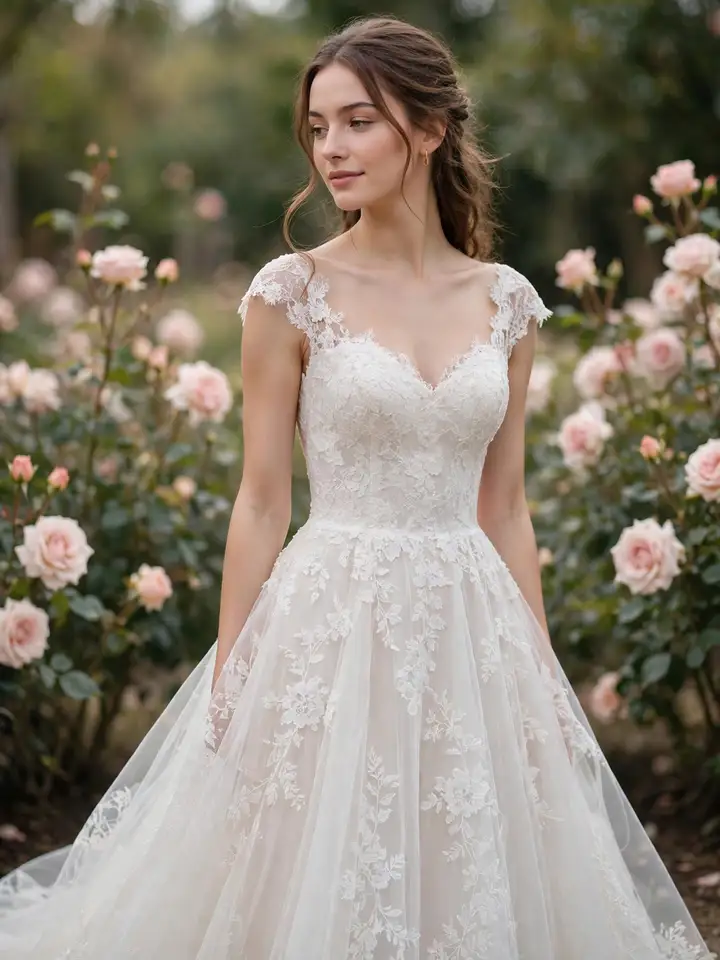 Romantic A-line simple lace wedding dress with delicate lace applique among roses