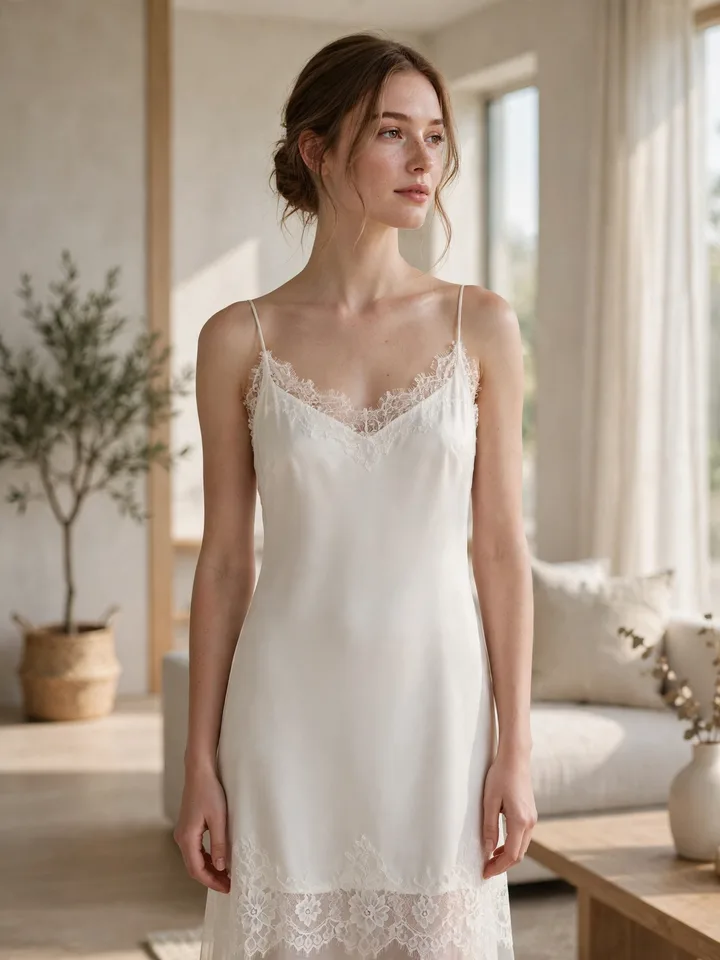 Slip-style simple lace wedding dress with lace trim on hem and neckline