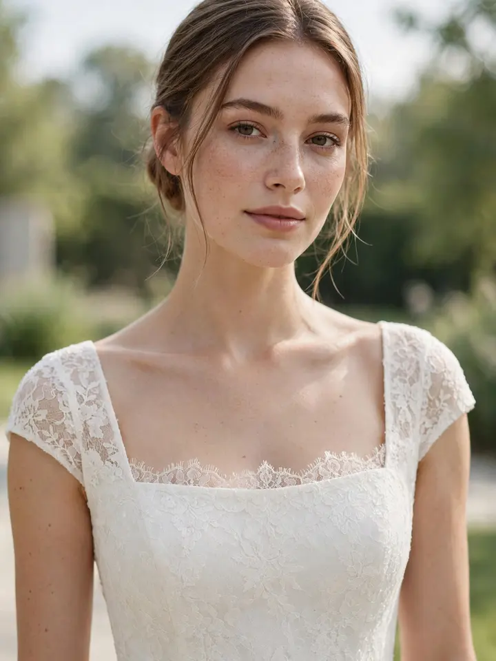 Simple lace wedding dress with elegant square neckline and delicate lace bodice