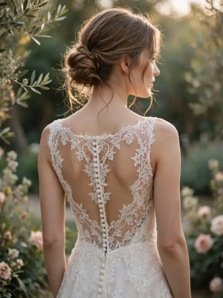 Back view of backless simple lace wedding dress with open lace back and covered buttons