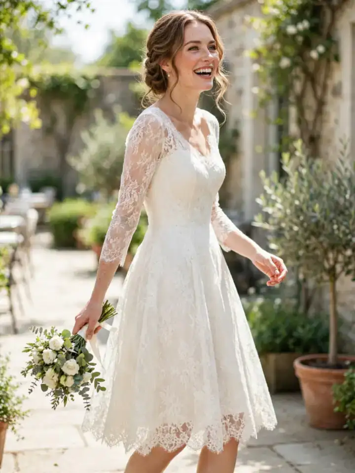 Tea-length short simple lace wedding dress with vintage-inspired knee-length lace skirt