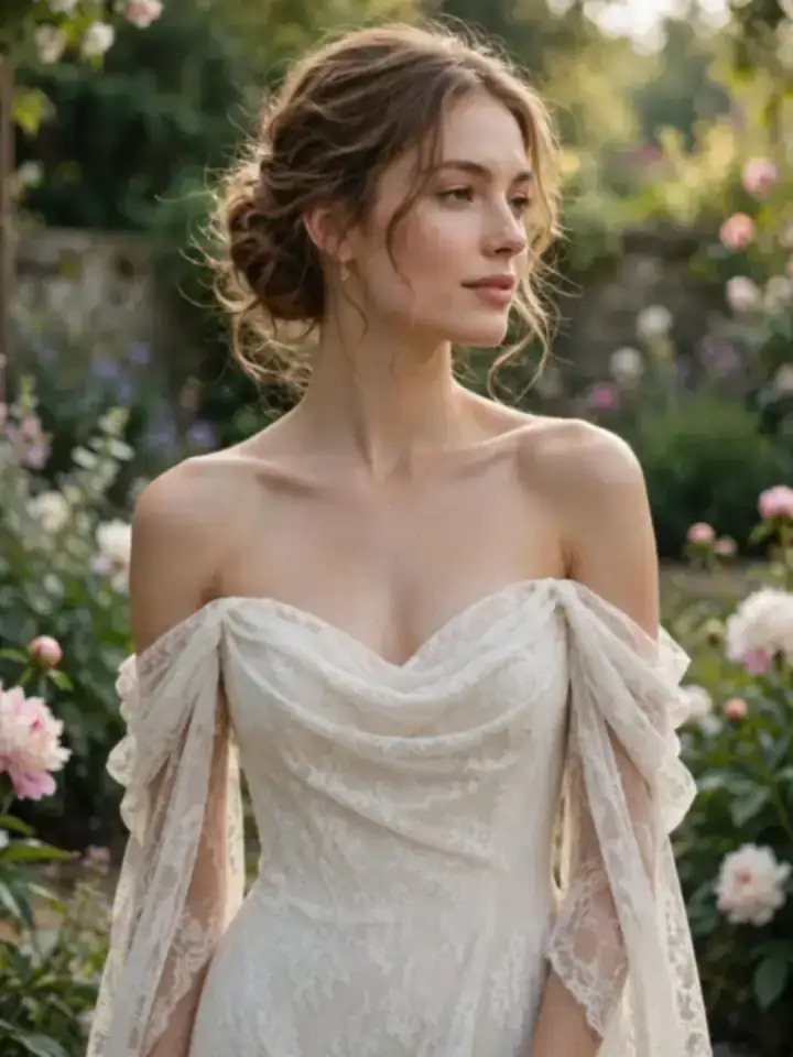 Off-the-shoulder simple lace wedding dress with romantic draped neckline