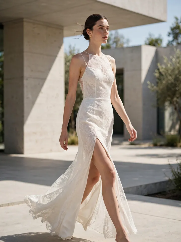 Simple lace wedding dress column silhouette with high side slit in modern daylight