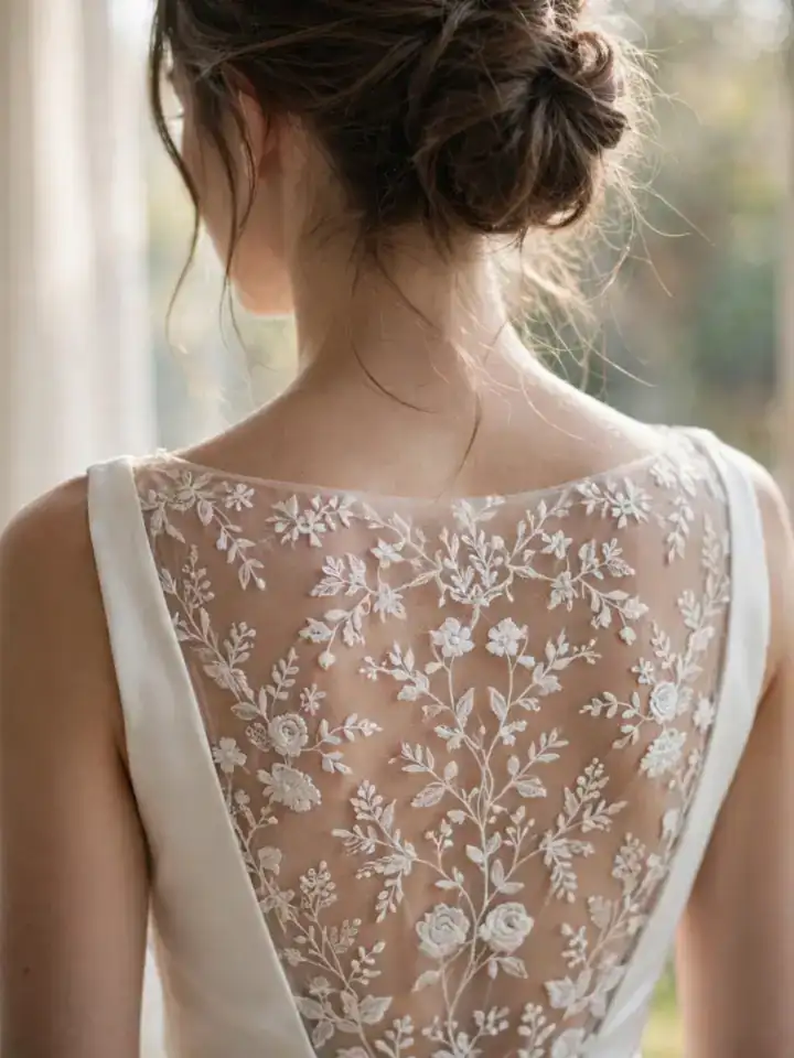 Close-up of illusion lace back detail on a simple lace wedding dress