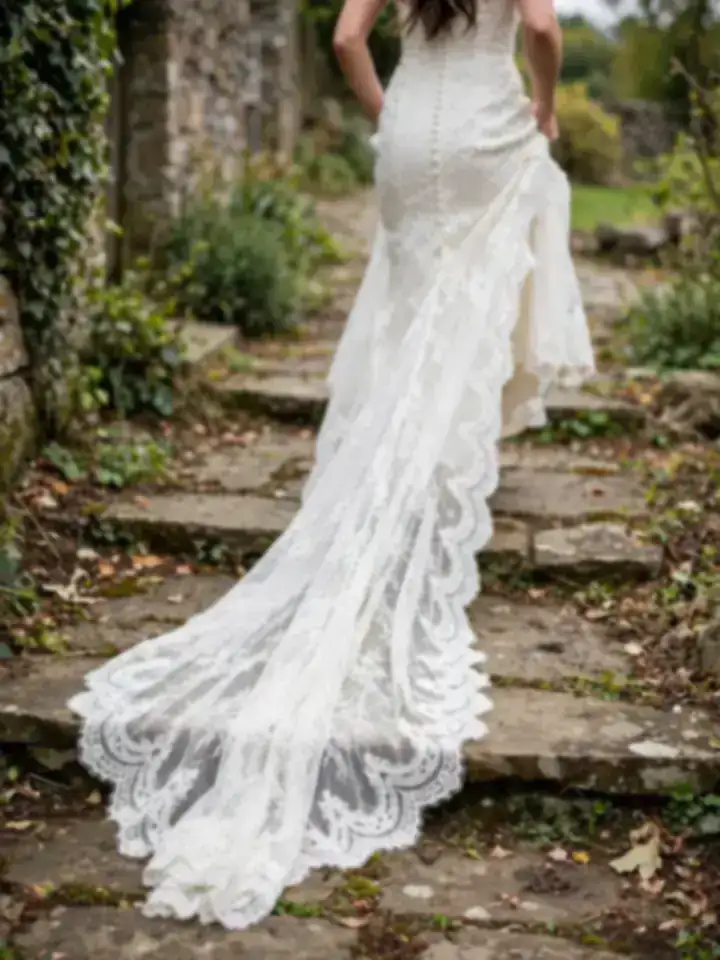 Detail of scalloped lace edge train on a simple lace wedding dress trailing outdoors