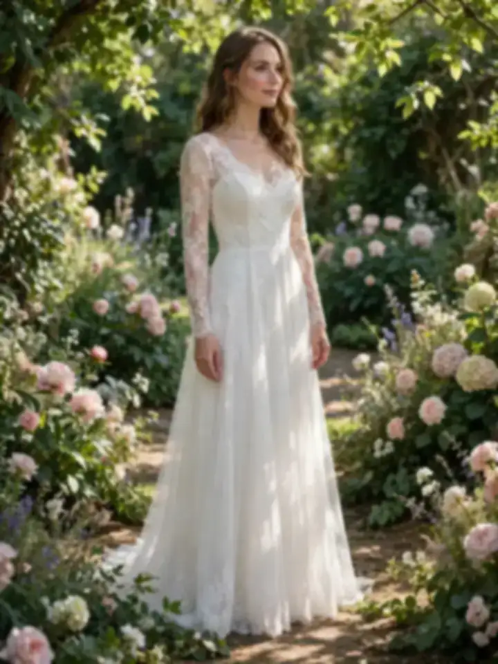 Bride in a simple lace wedding dress at a lush garden wedding among blooms