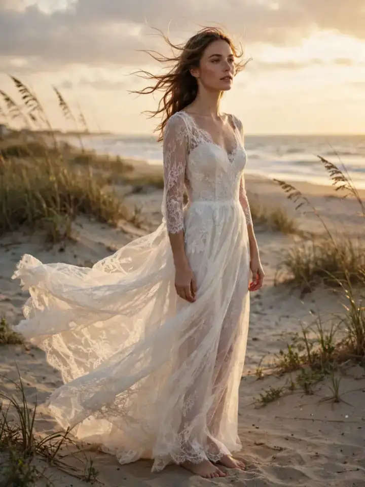 Bride in a lightweight simple lace wedding dress on a beach at golden hour