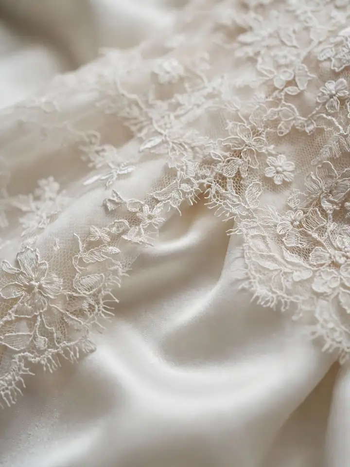 Close-up of lace over smooth satin underlay on a simple lace wedding dress bodice
