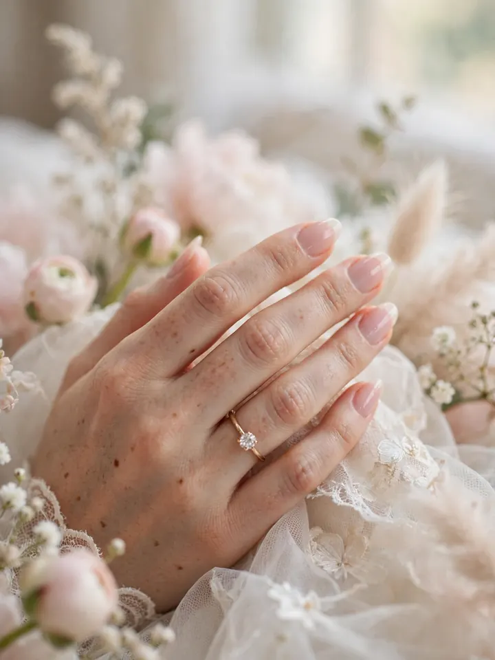 Simple wedding nails for bride: sheer baby-pink barely-there manicure