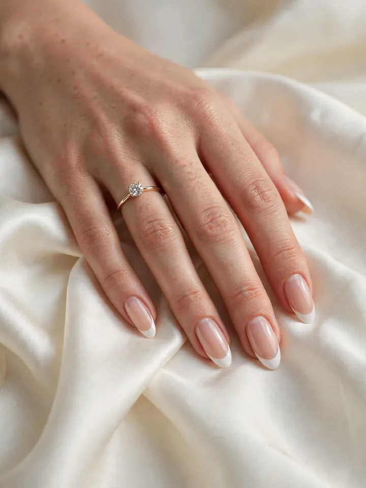 Simple wedding nails for bride: classic French tips on almond nails