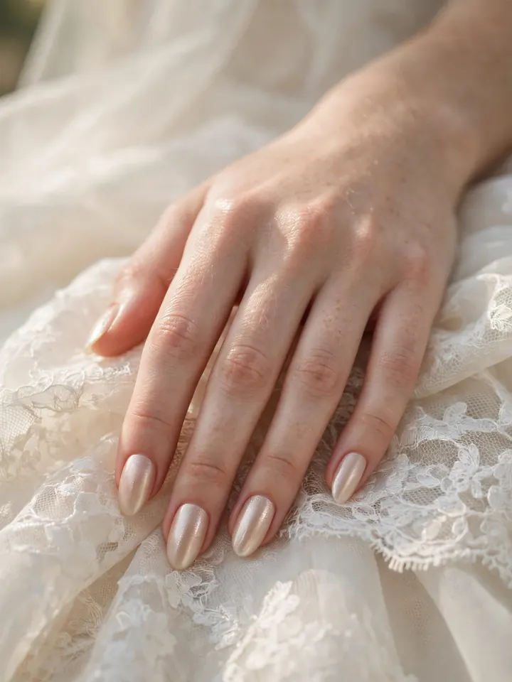 Simple wedding nails for bride: champagne pearl shimmer bridal nails