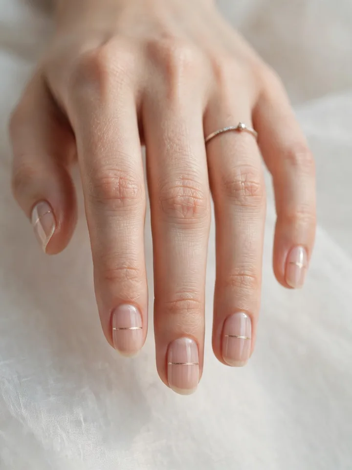 Simple wedding nails for bride: sheer nude nails with thin gold line accent
