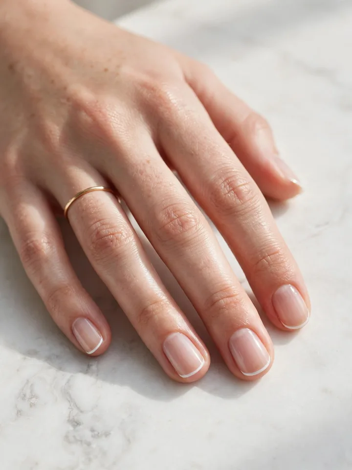 Simple wedding nails for bride: micro French tips with minimal white edge