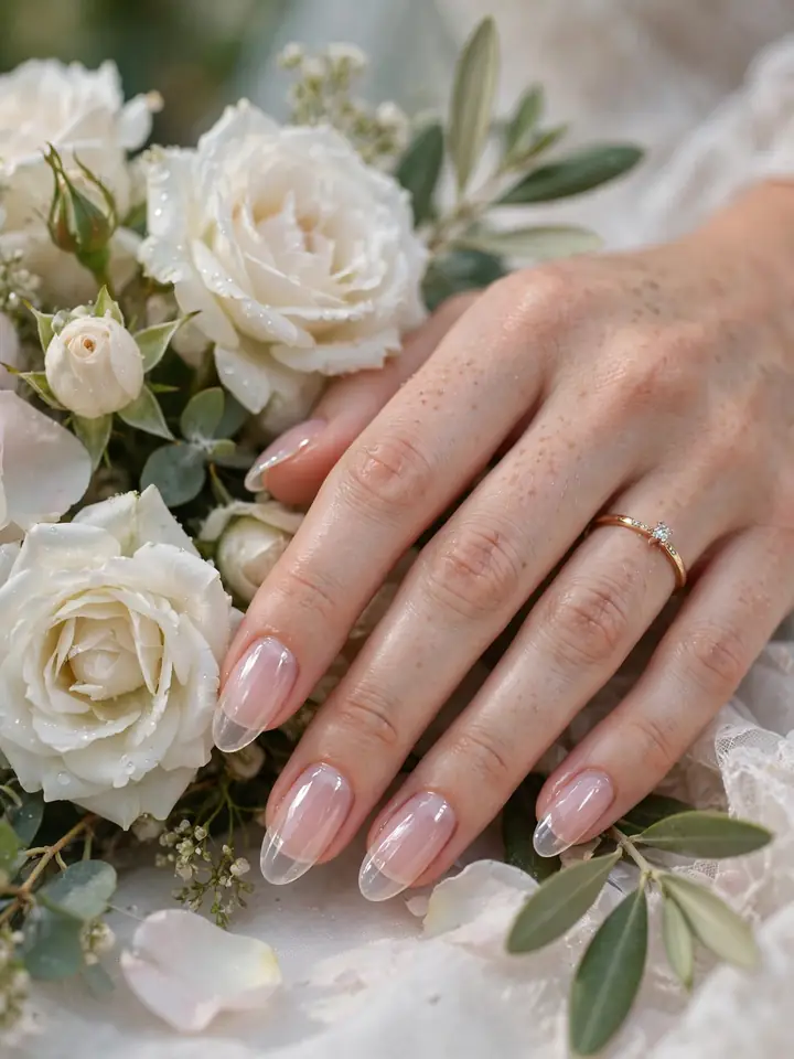 Simple wedding nails for bride: glass-look jelly sheer glossy nails