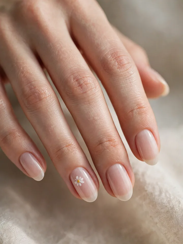 Simple wedding nails for bride: nude nails with tiny daisy accent