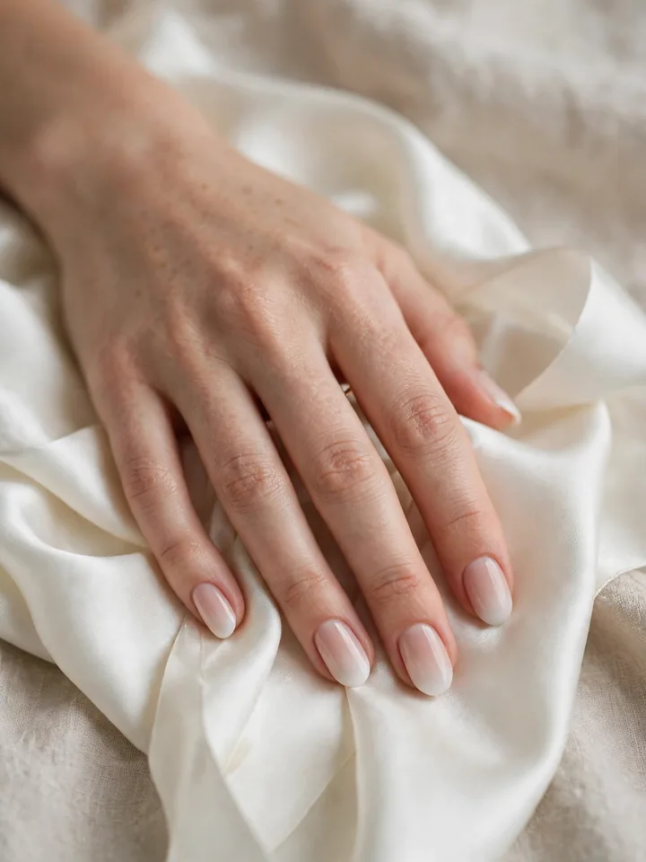Simple wedding nails for bride: soft baby-boomer white ombre nails