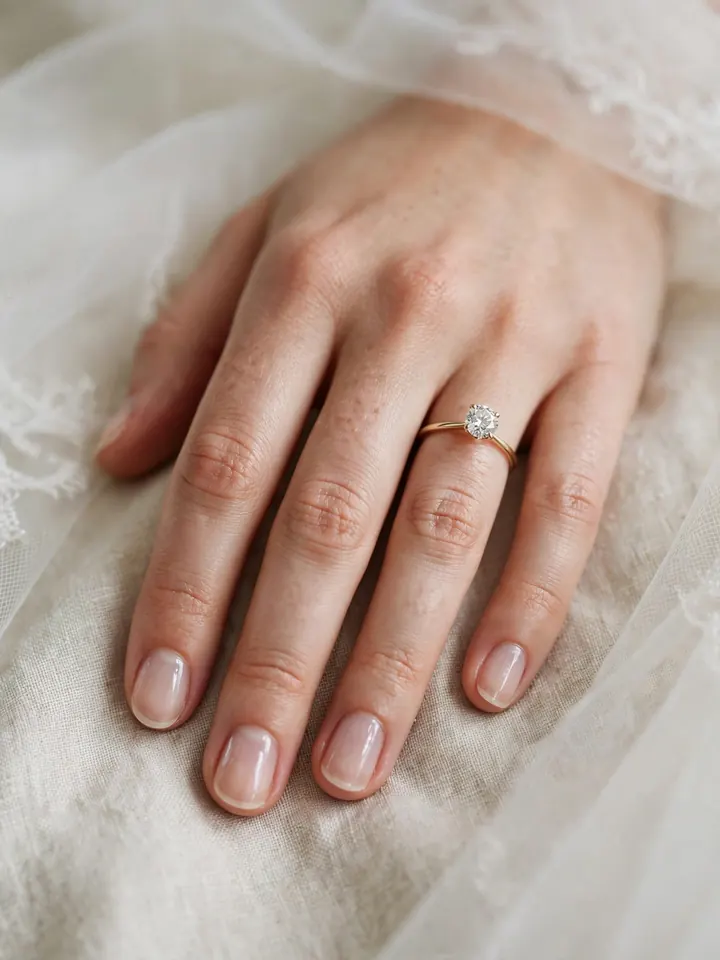 Simple wedding nails for bride: short rounded natural nails with clear gloss