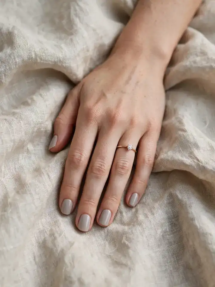 Simple wedding nails for bride: understated taupe grey neutral nails
