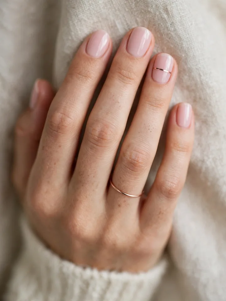 Simple wedding nails for bride: rose gold band accent on ring finger nail