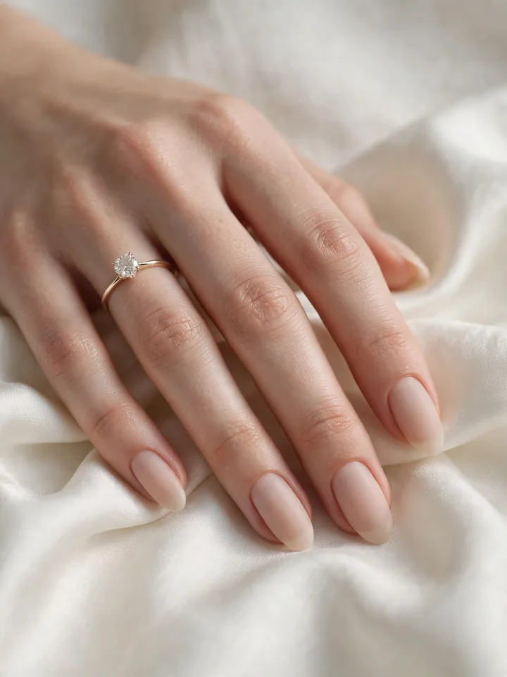 Simple wedding nails for bride: satin matte sheer nude minimalist nails