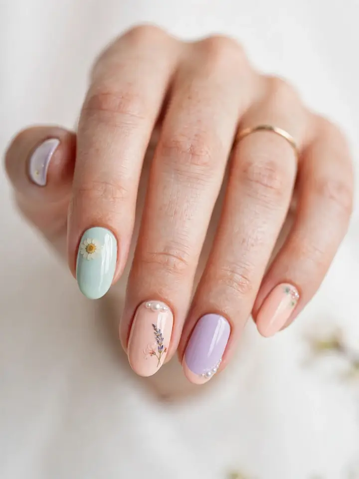 Pastel spring bridal nails - mint lavender peach spring wedding nails