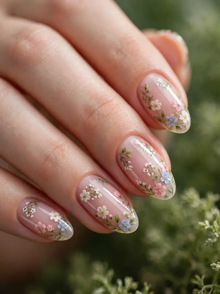 Floral spring wedding nails - hand-painted blossom nail art