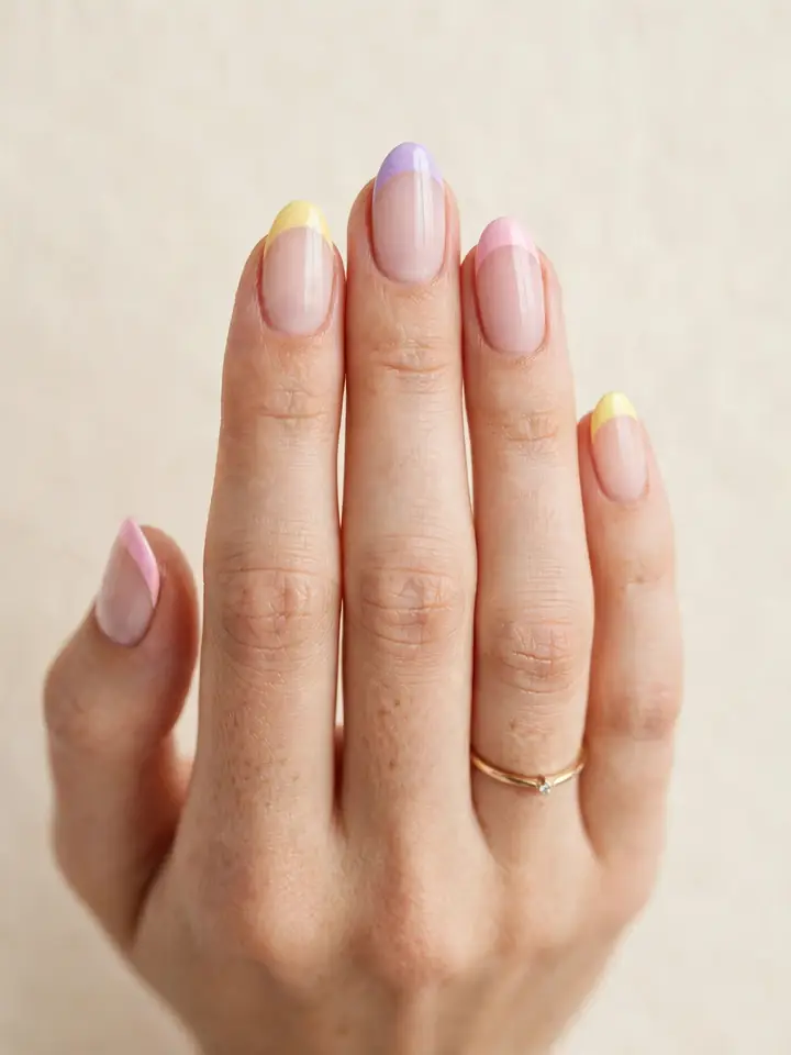 Spring French tip nails - pastel colored tips spring wedding nails