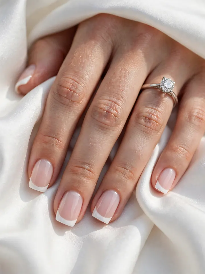Square wedding nails with classic white French tips on a bride's hand