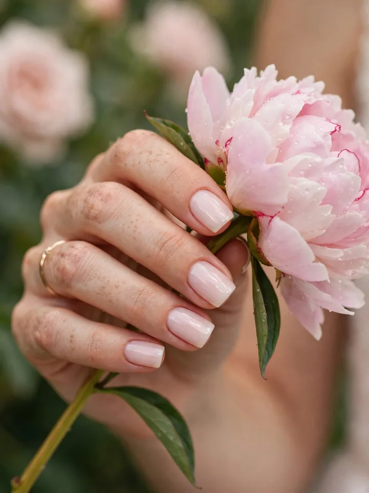Milky sheer pink square bridal nails on a bride's hand holding a peony