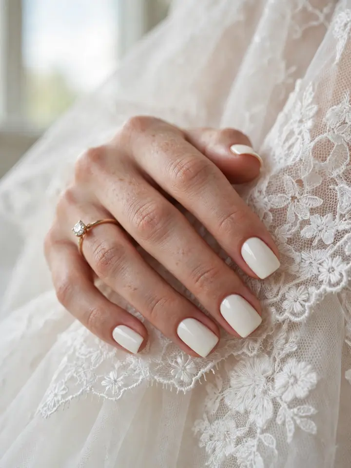 Solid ivory white square wedding nails against lace wedding dress detail