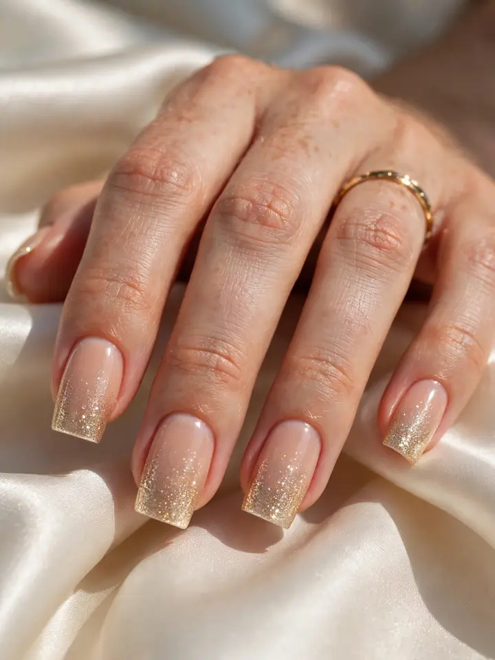 Square wedding nails with champagne glitter fade from nude to gold tips