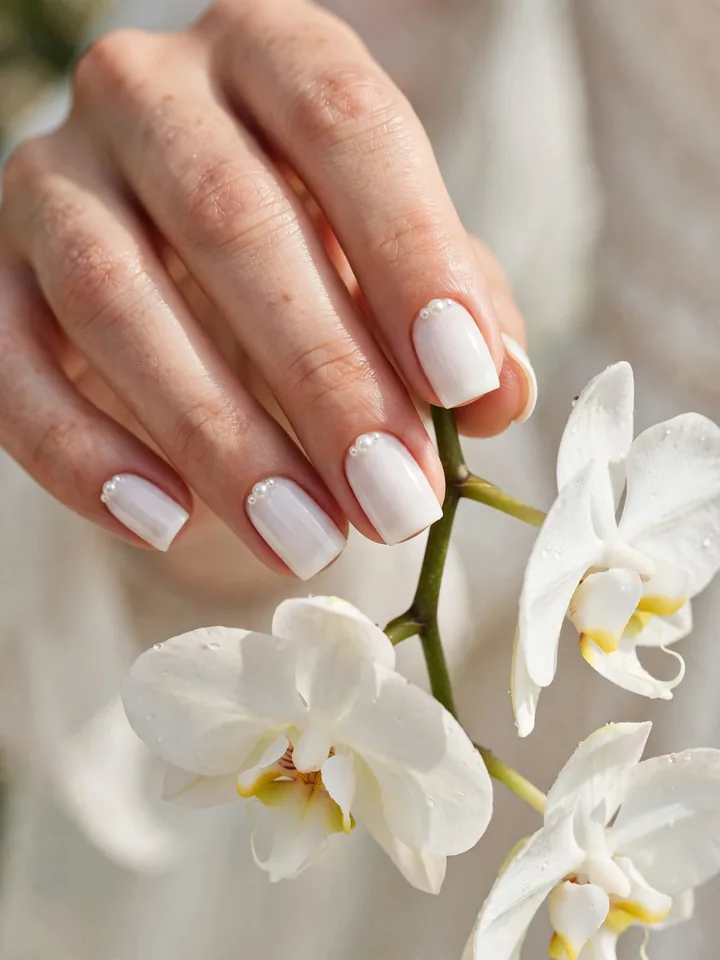 White square bridal nails with tiny pearl embellishments at the cuticles