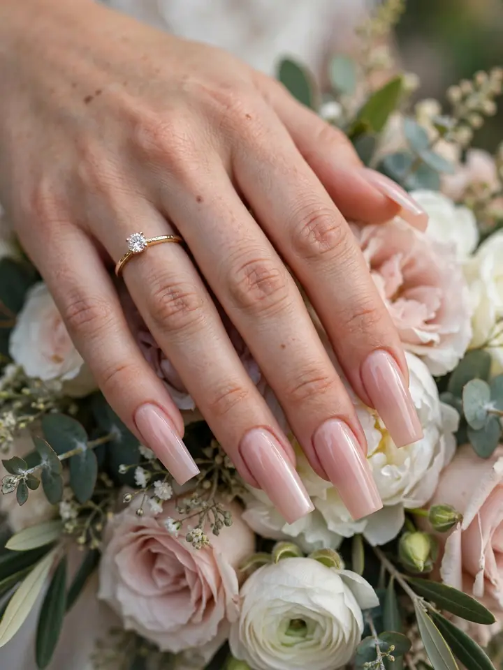 Long square acrylic wedding nails in glossy nude pink with engagement ring