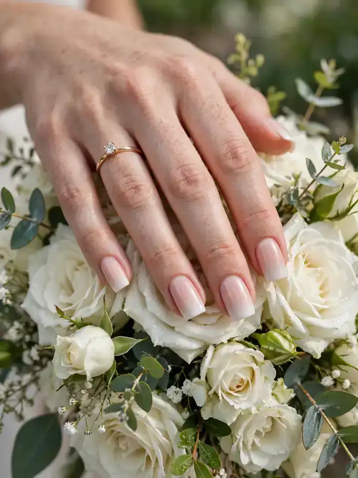 Square bridal nails with nude-to-white baby boomer ombre gradient