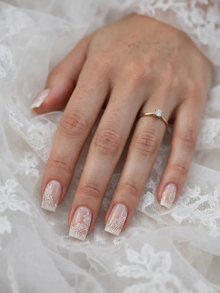 Sheer nude square wedding nails with delicate white lace nail art