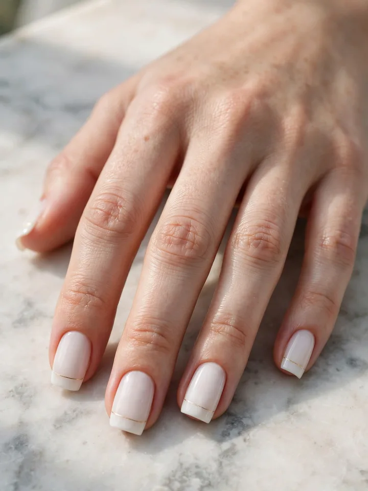 Milky white square wedding nails with minimal gold line-art stripes